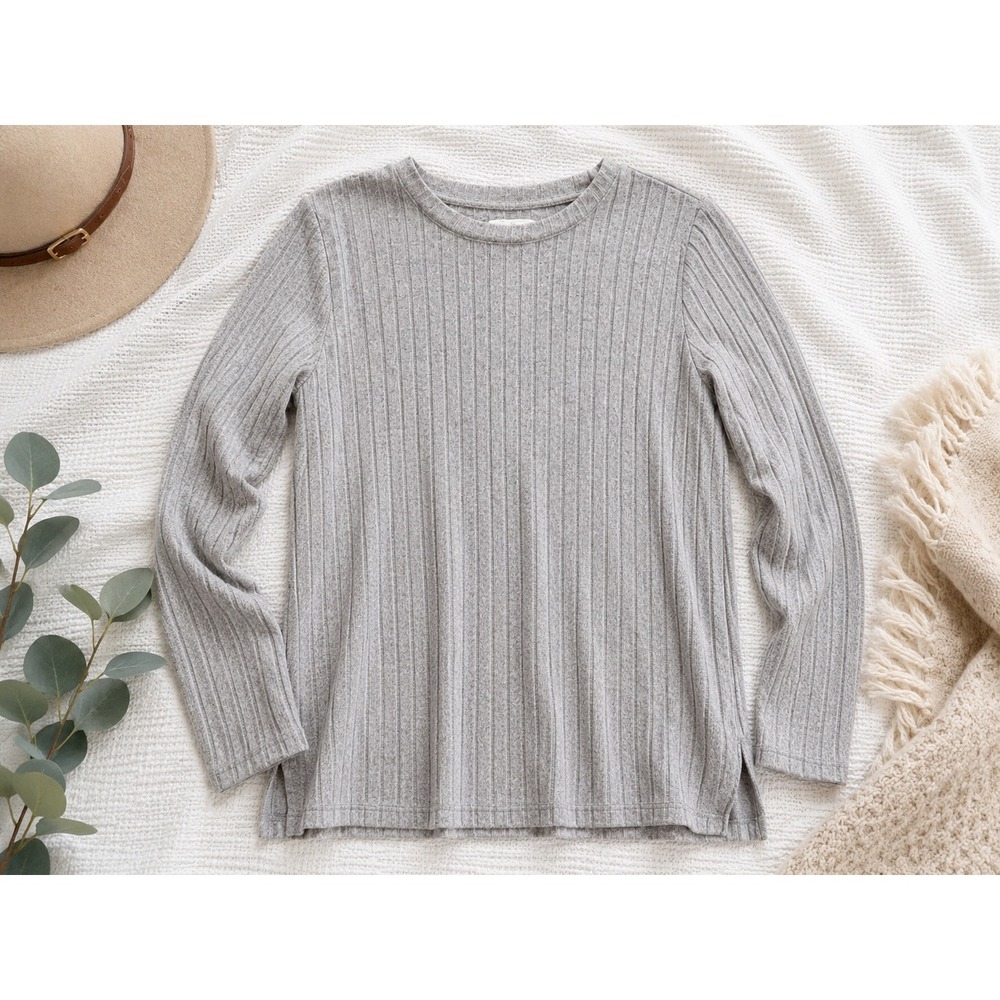 Lou & Grey Womens Ribbed Knit Long Sleeve Crew Neck Top Heather Grey Size M